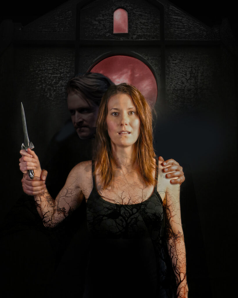 A woman clutches a dagger. Behind her, a shadowy figure clutches her wrist. Black tendrils climb her torso and arms.