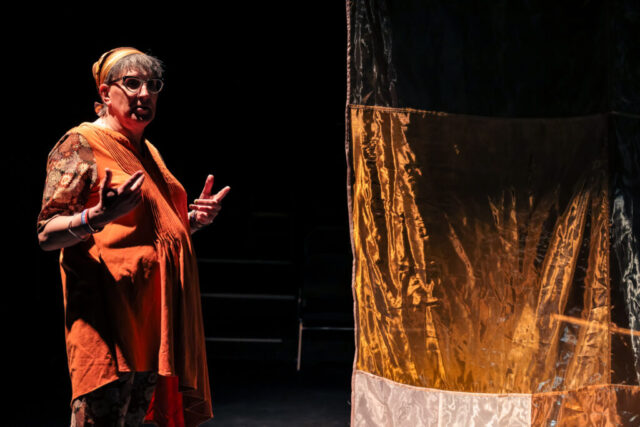 Lara Rae stands in front of the patchwork semi-transparent veil, speaking to the audience.